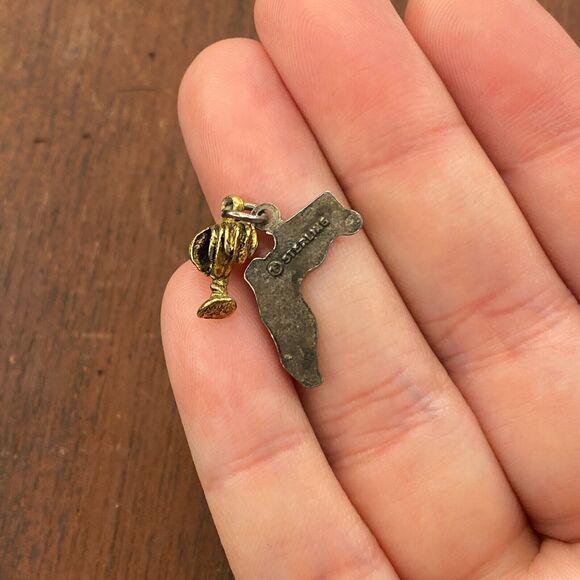 Vintage 925 Sterling Silver Florida State Map w/ Palm Tree Pendant Charm - Picture 2 of 3